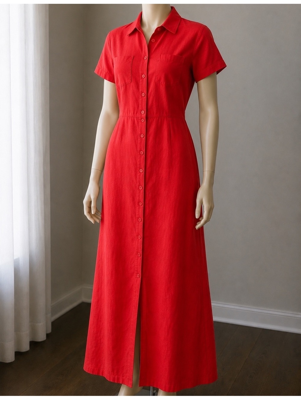 Casualaire Women’s L Red Linen Blend Button Front Maxi Shirt Dress Vintage